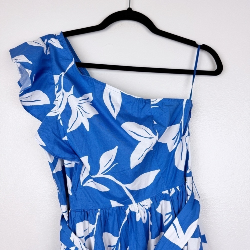 J. Crew One Shoulder Cotton Midi Dress Blue White Floral Size 8 NWT - Picture 3 of 8